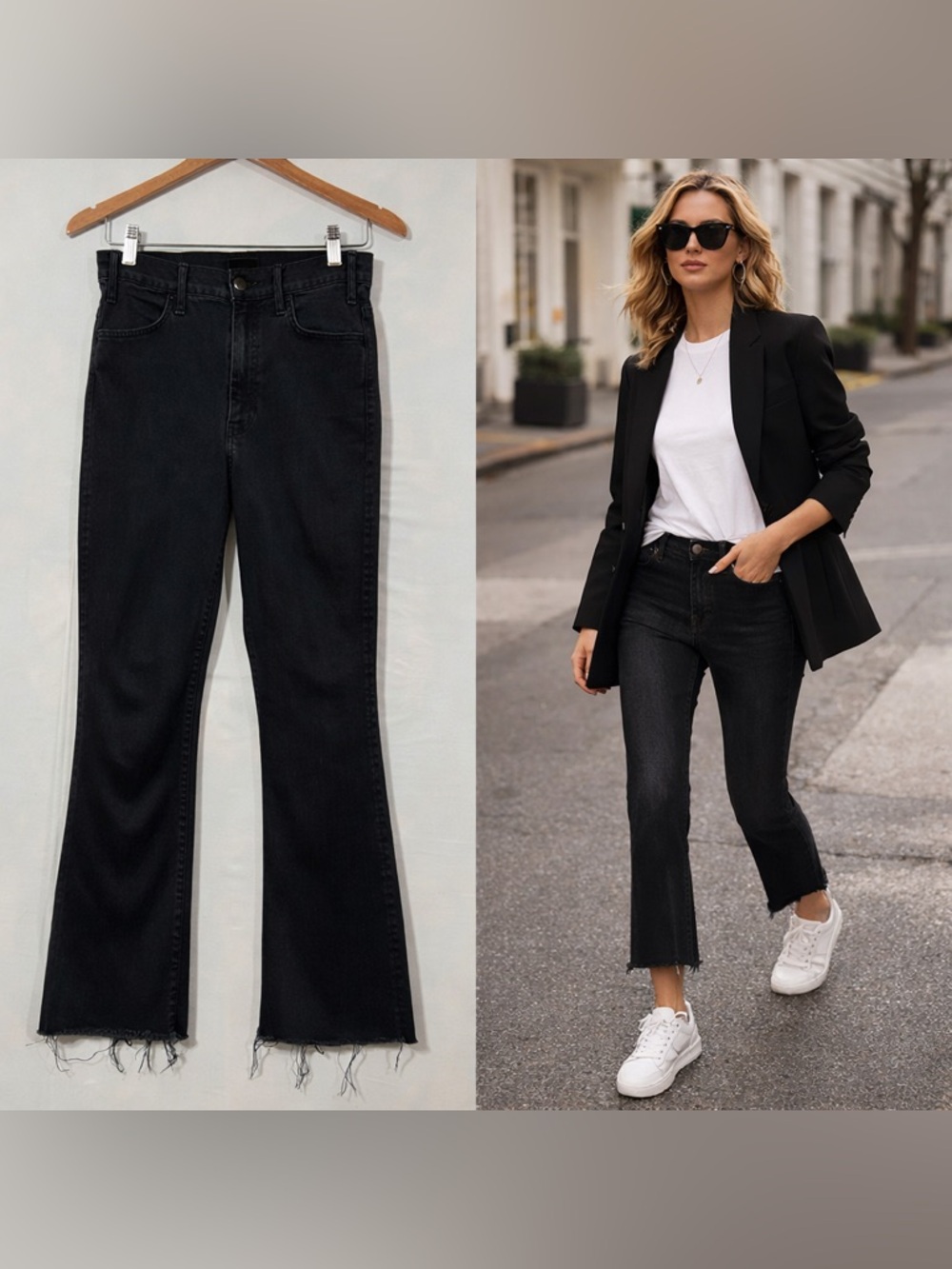 MOTHER Hustler Ankle Fray Black Jeans Size 27 Raw Hem Cropped Flare Quiet Luxury